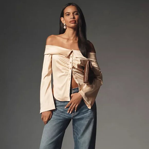 Anthropologie Off-The-Shoulder Collared Silky Shirt (NEW) - Picture 1 of 4